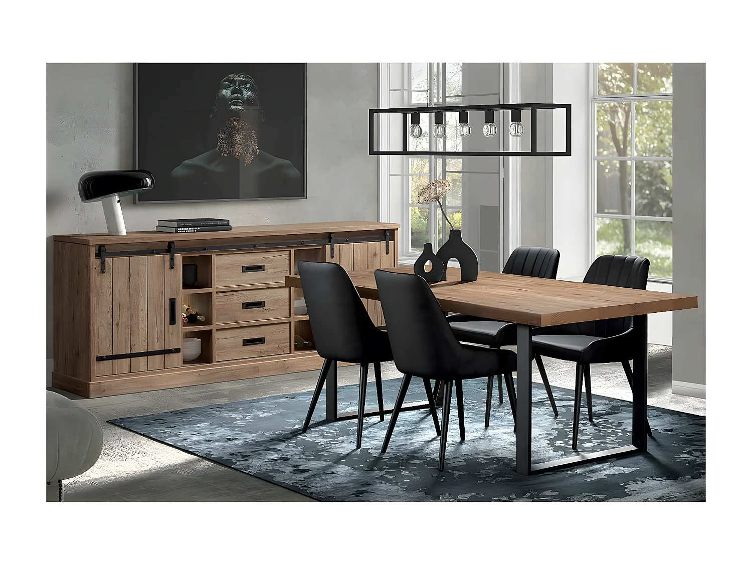 CEDRA - Ensemble Industriel Buffet + Table 200cm Piètement U
