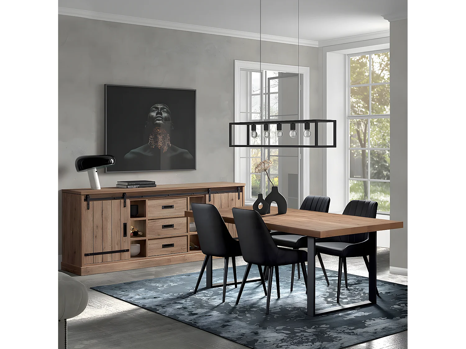 CEDRA - Ensemble Industriel Buffet + Table 200cm Piètement U