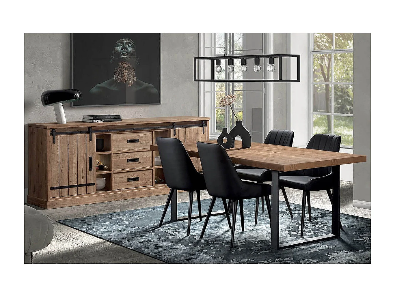 CEDRA - Ensemble Industriel Buffet + Table 200cm Piètement U