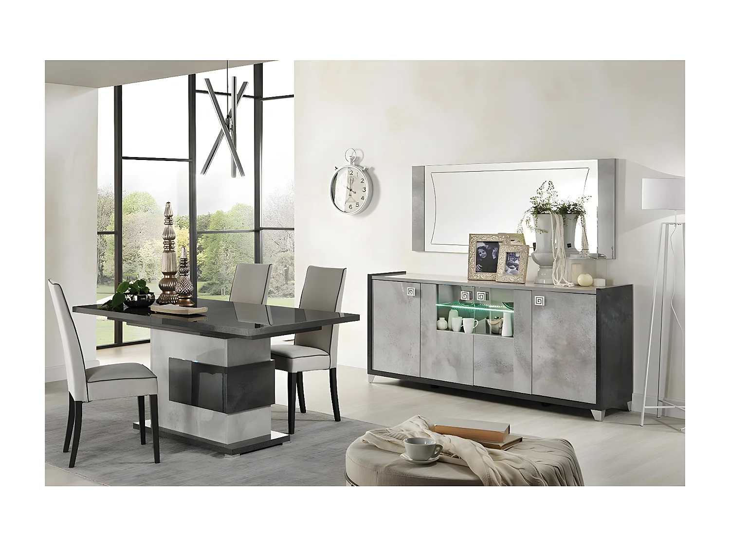 HOFFMAN - Ensemble Buffet 4P avec Miroir + Table Repas à Pied Central