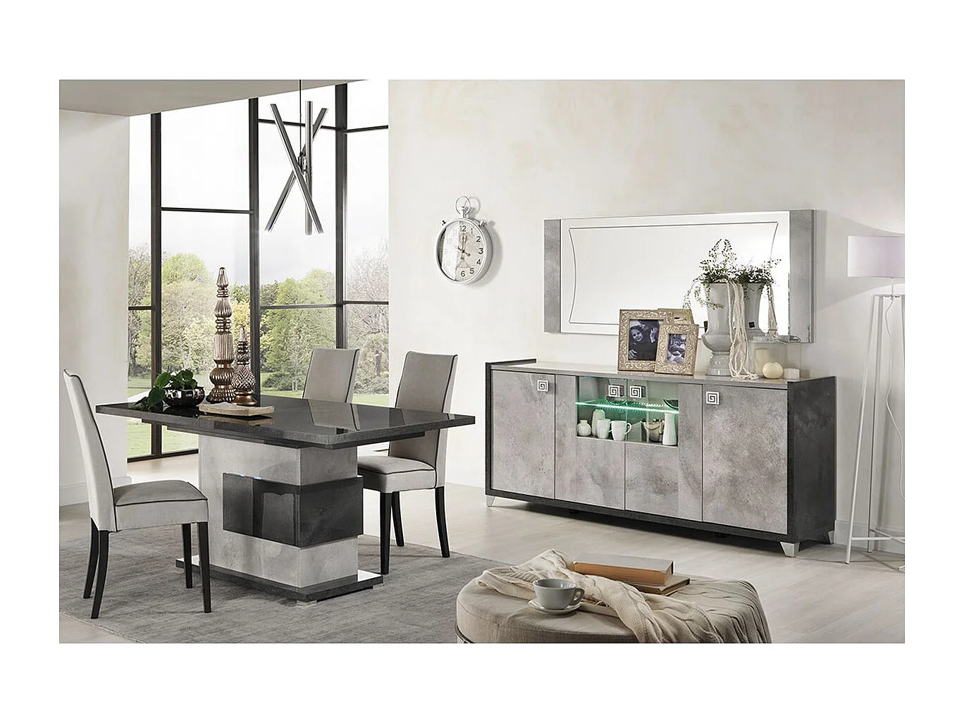 HOFFMAN - Ensemble Buffet 4P avec Miroir + Table Repas à Pied Central