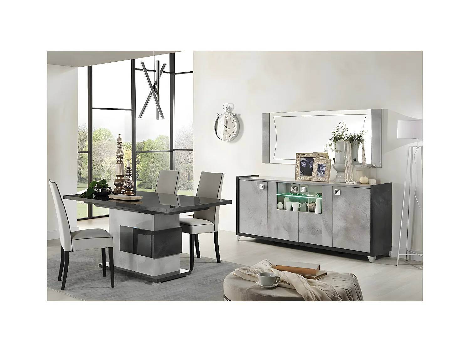 HOFFMAN - Ensemble Buffet 4P avec Miroir + Table Repas à Pied Central