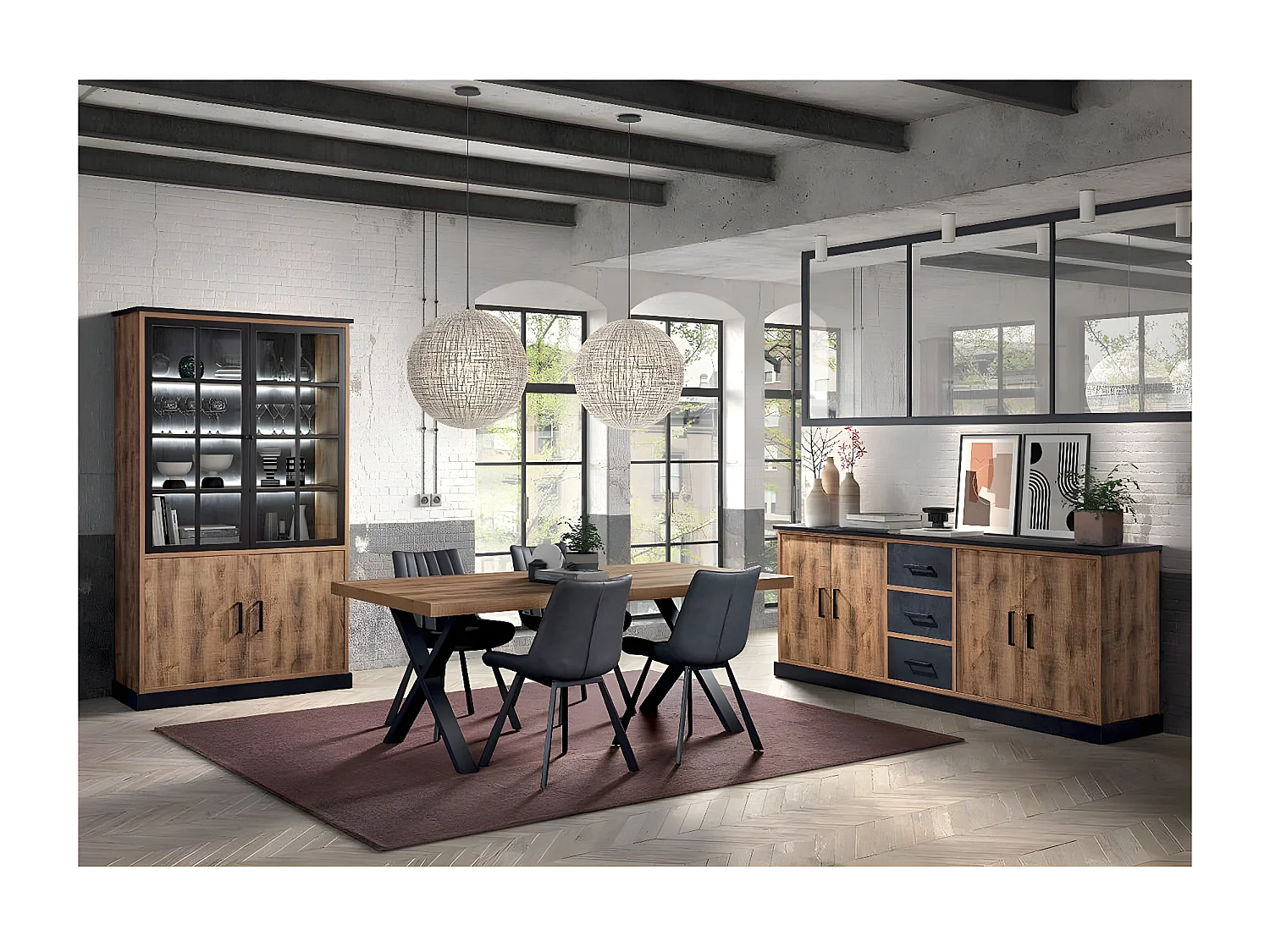 JENNA - Ensemble Séjour Aspect Bois et Métal avec Table 230cm