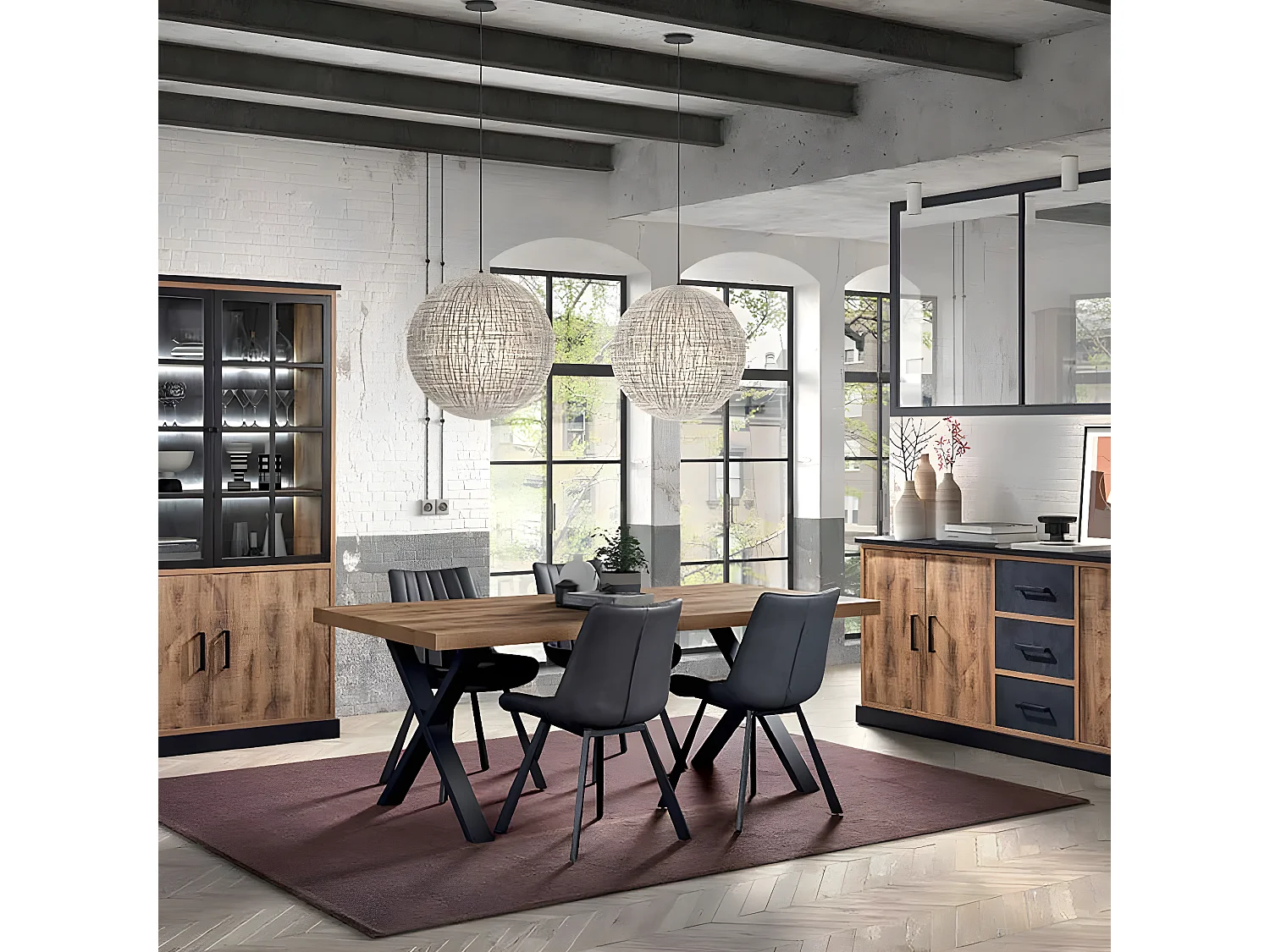 JENNA - Ensemble Séjour Aspect Bois et Métal avec Table 230cm