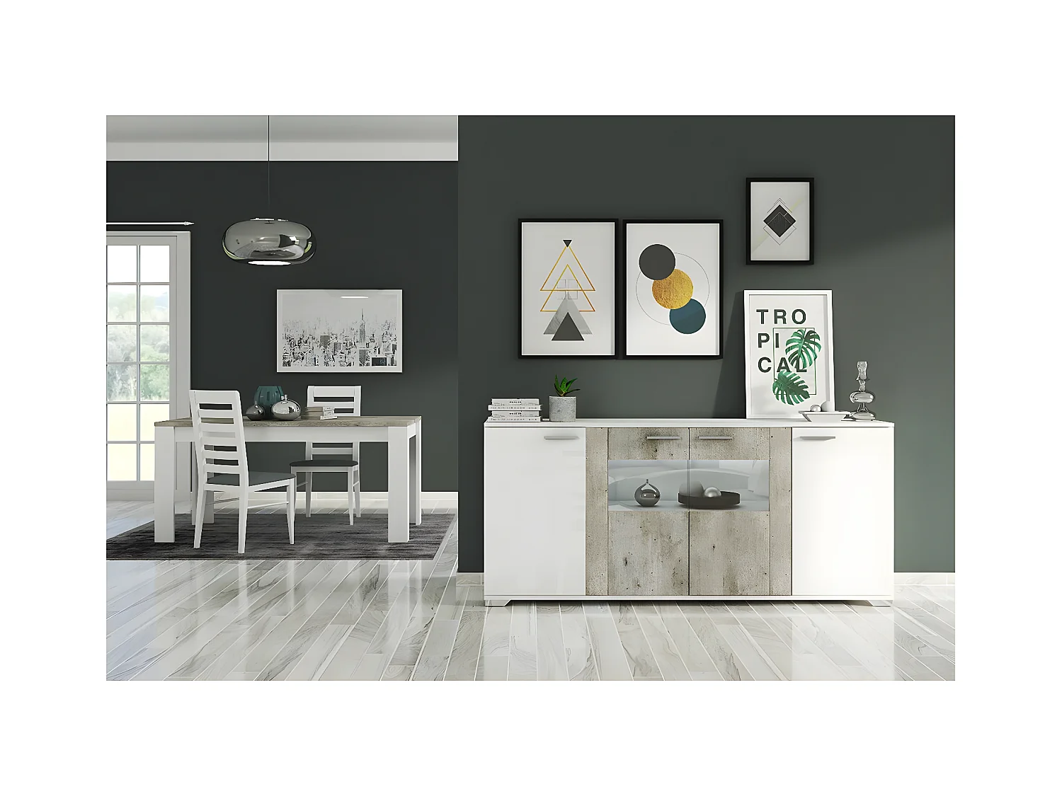 LYNDA - Ensemble Table Repas + Buffet Laqué Blanc et Gris Béton