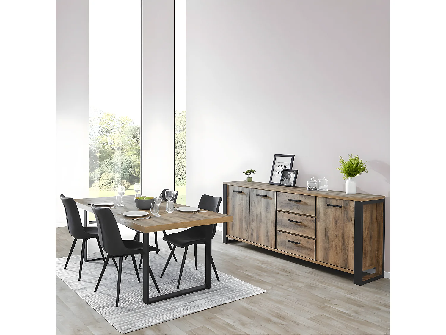 KORA - Ensemble Table 170cm + Buffet 3 Portes 3 Tiroirs