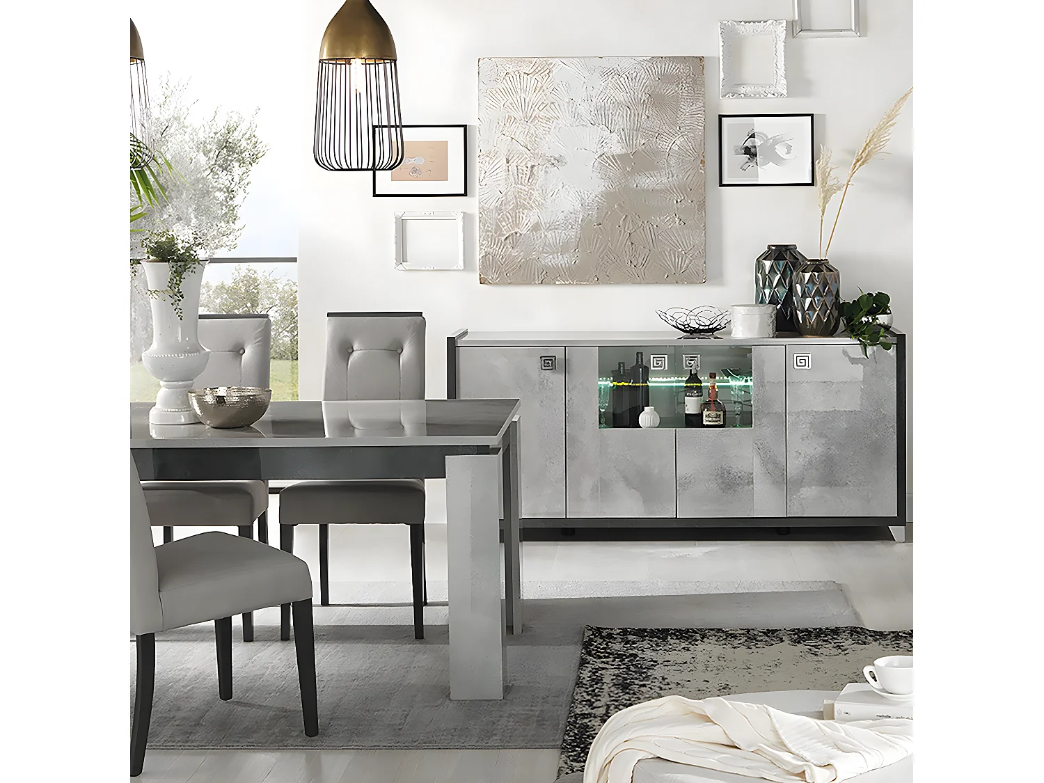 HOFFMAN - Ensemble Buffet 4P + Table de Repas à 4 Pieds