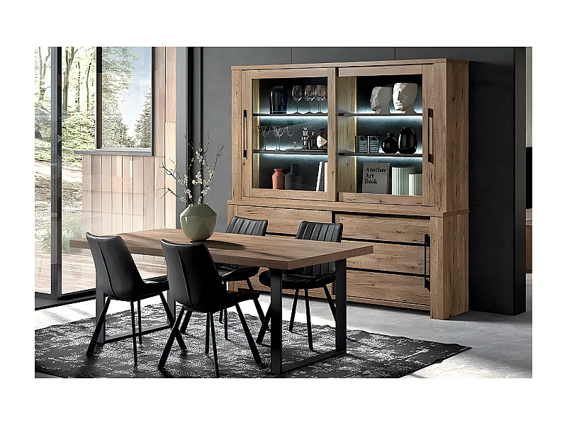 NILLA - Ensemble Buffet-Vaisselier + Table 170cm Aspect Bois