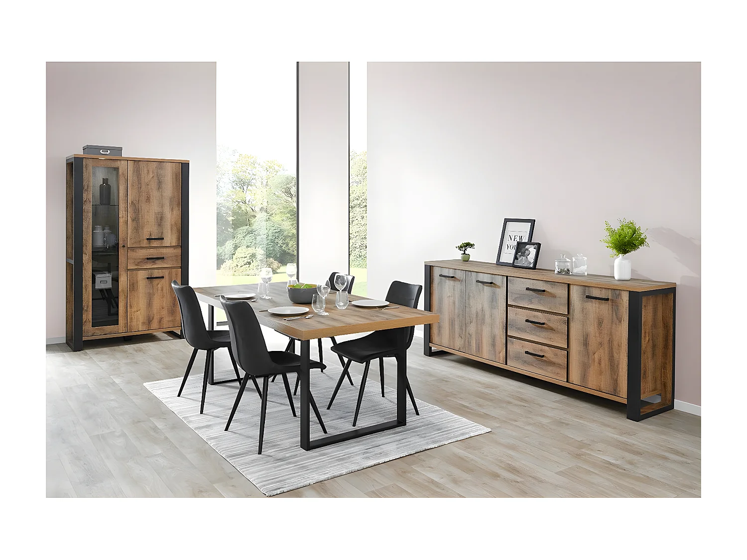 KORA - Ensemble Séjour Aspect Bois et Métal avec Table 170cm