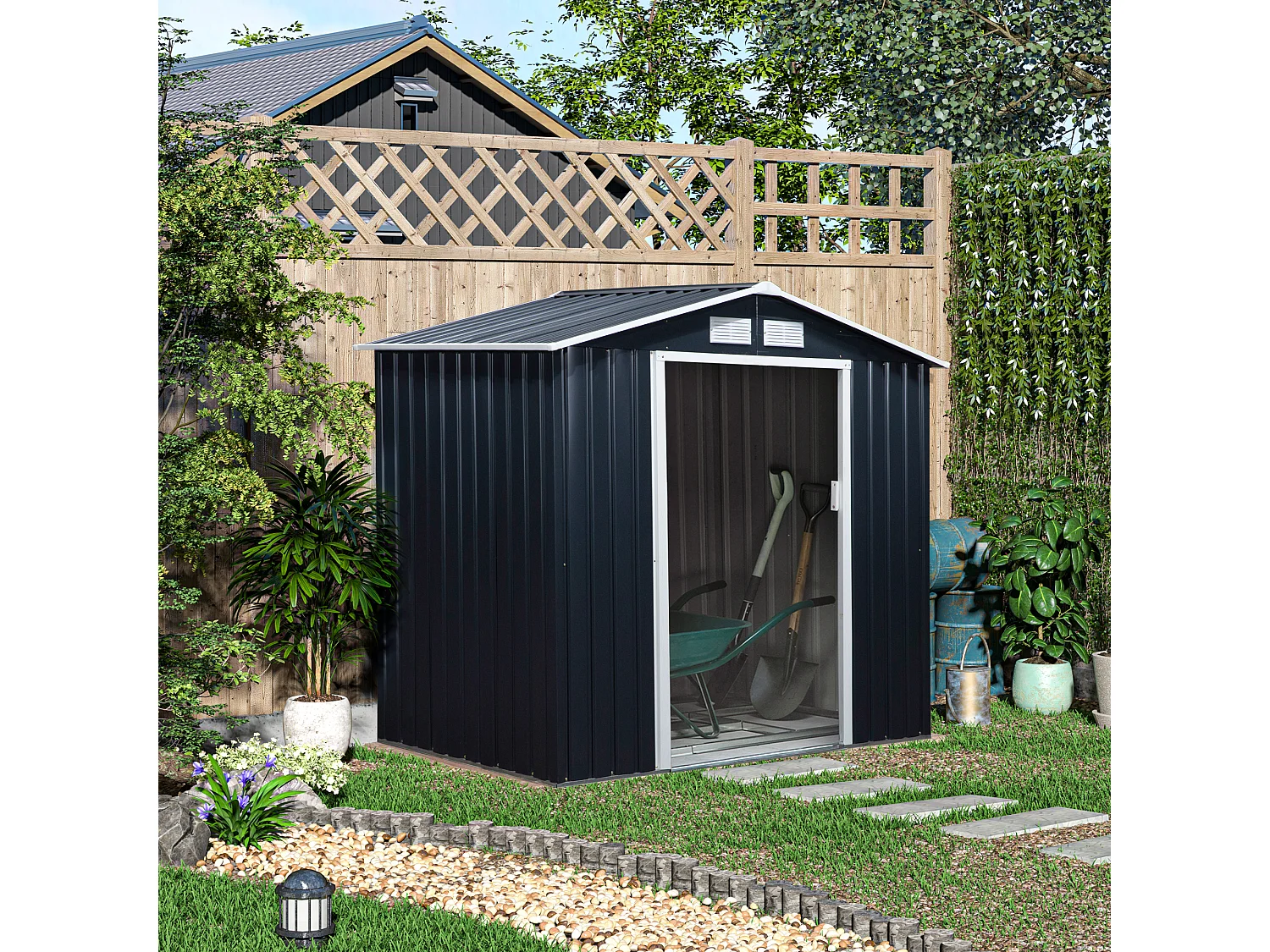 Abri de jardin - remise pour outils - cabanon porte verrouillable - dim. 213L x 130l x 185H cm - tôle d'acier gris