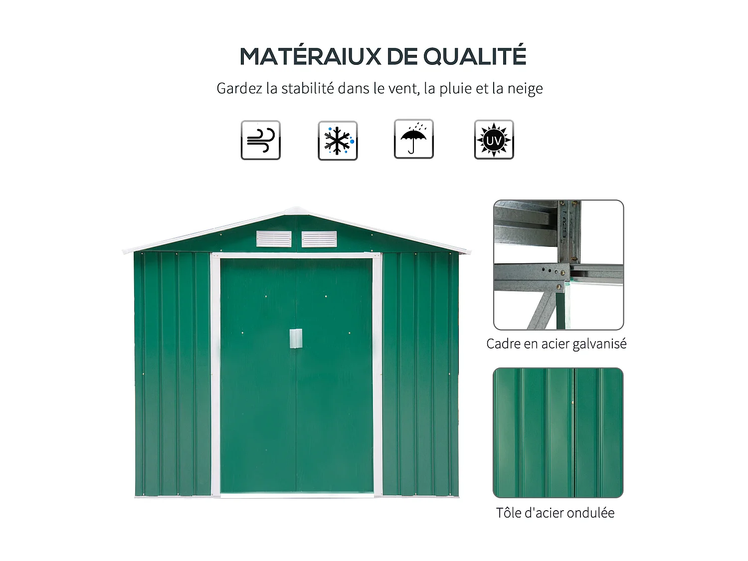 Abri de jardin - remise pour outils - cabanon porte verrouillable - dim. 213L x 130l x 185H cm - tôle d'acier vert
