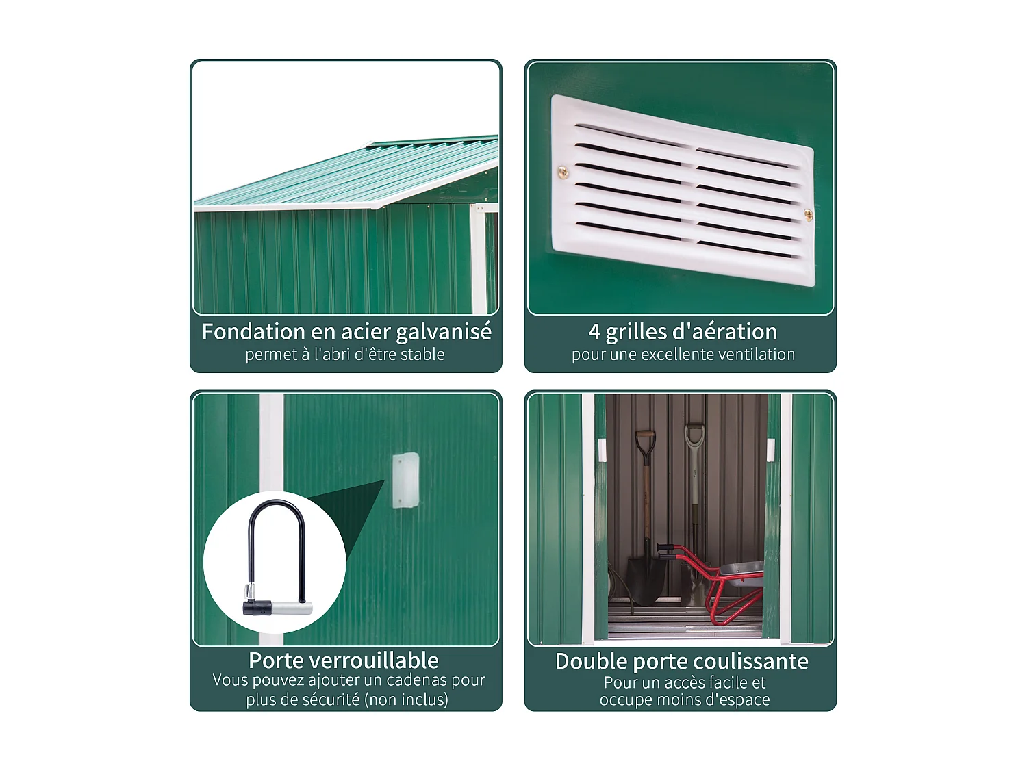 Abri de jardin - remise pour outils - cabanon porte verrouillable - dim. 213L x 130l x 185H cm - tôle d'acier vert