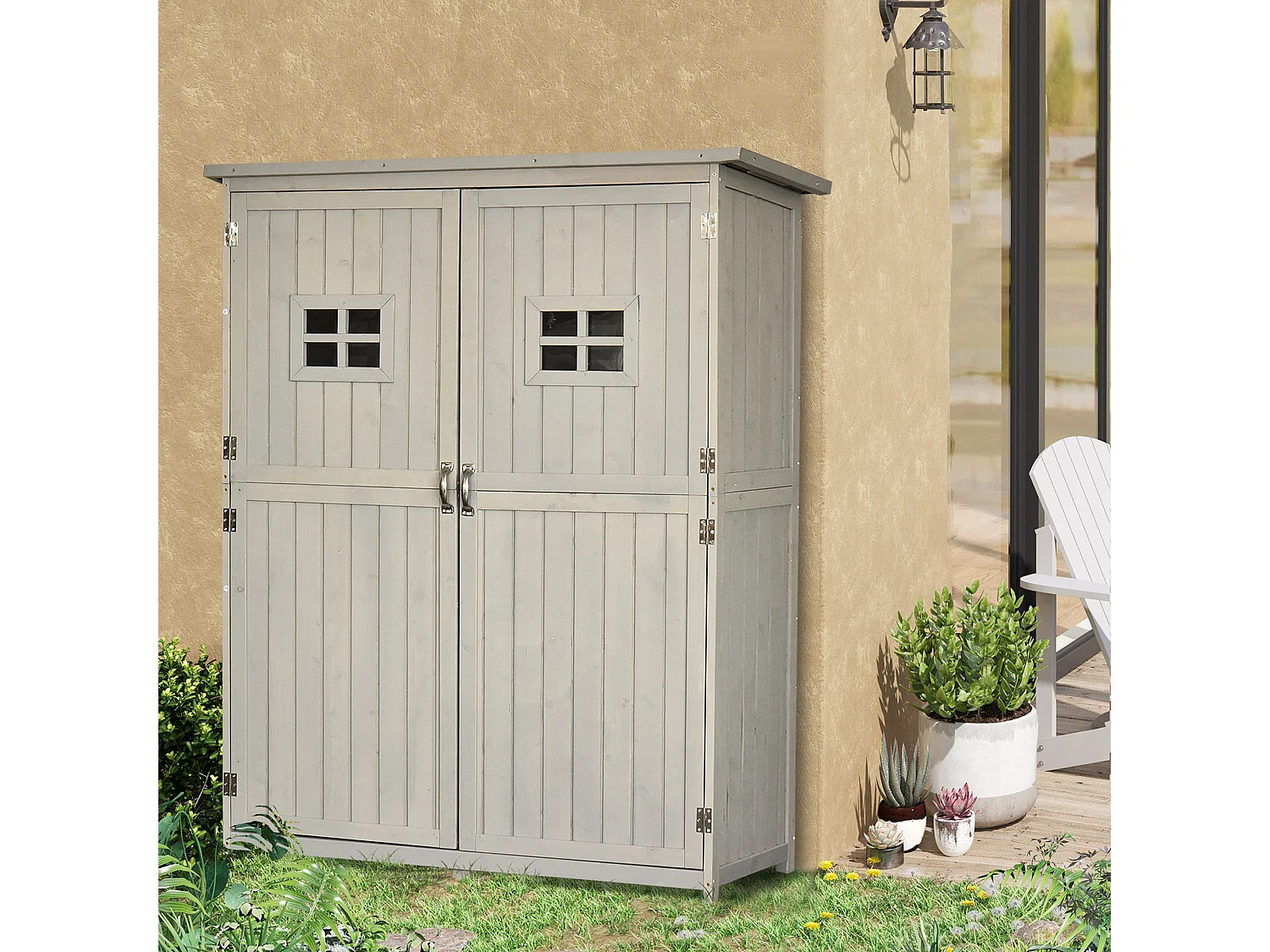 Abri de jardin armoire de jardin remie pour outil ur pied dim. 128L x 50l x 164H cm 2 étagère 2 porte 2 fenêtre toit bitumé étanche boi maif apin pré-huilé gri