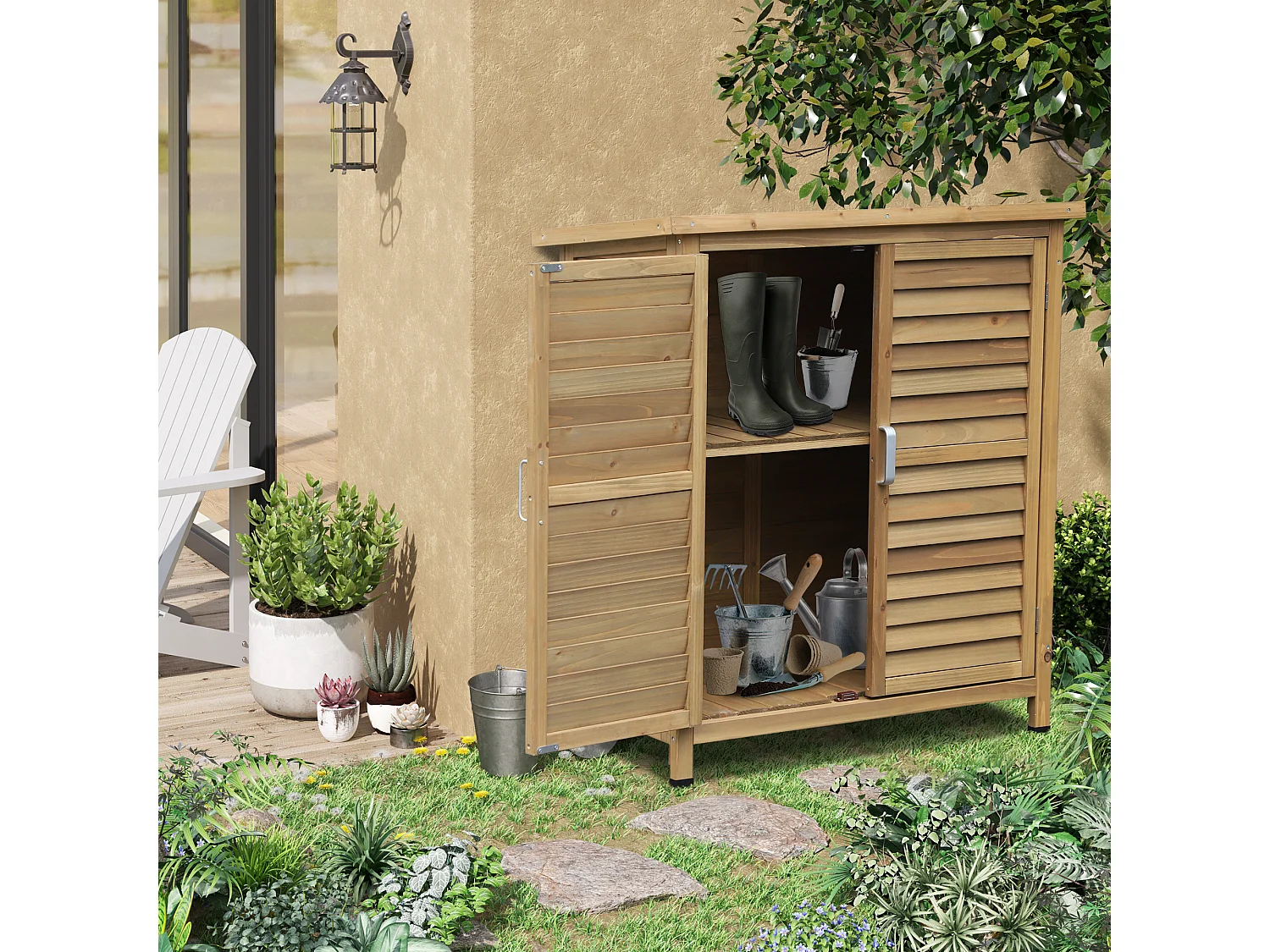 Armoire de jardin abri jardin remise pour outils sur pied dim. 87L x 46l x 96H cm étagère portes persiennes toit bitumé bois sapin autoclave vert
