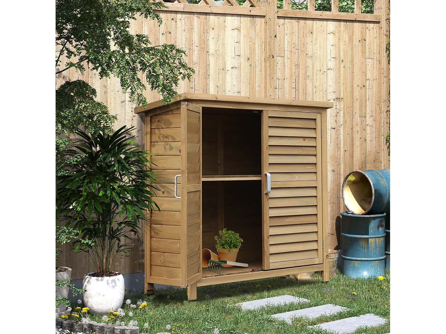 Armoire de jardin abri jardin remise pour outils sur pied dim. 87L x 46l x 96H cm étagère portes persiennes toit bitumé bois sapin autoclave vert