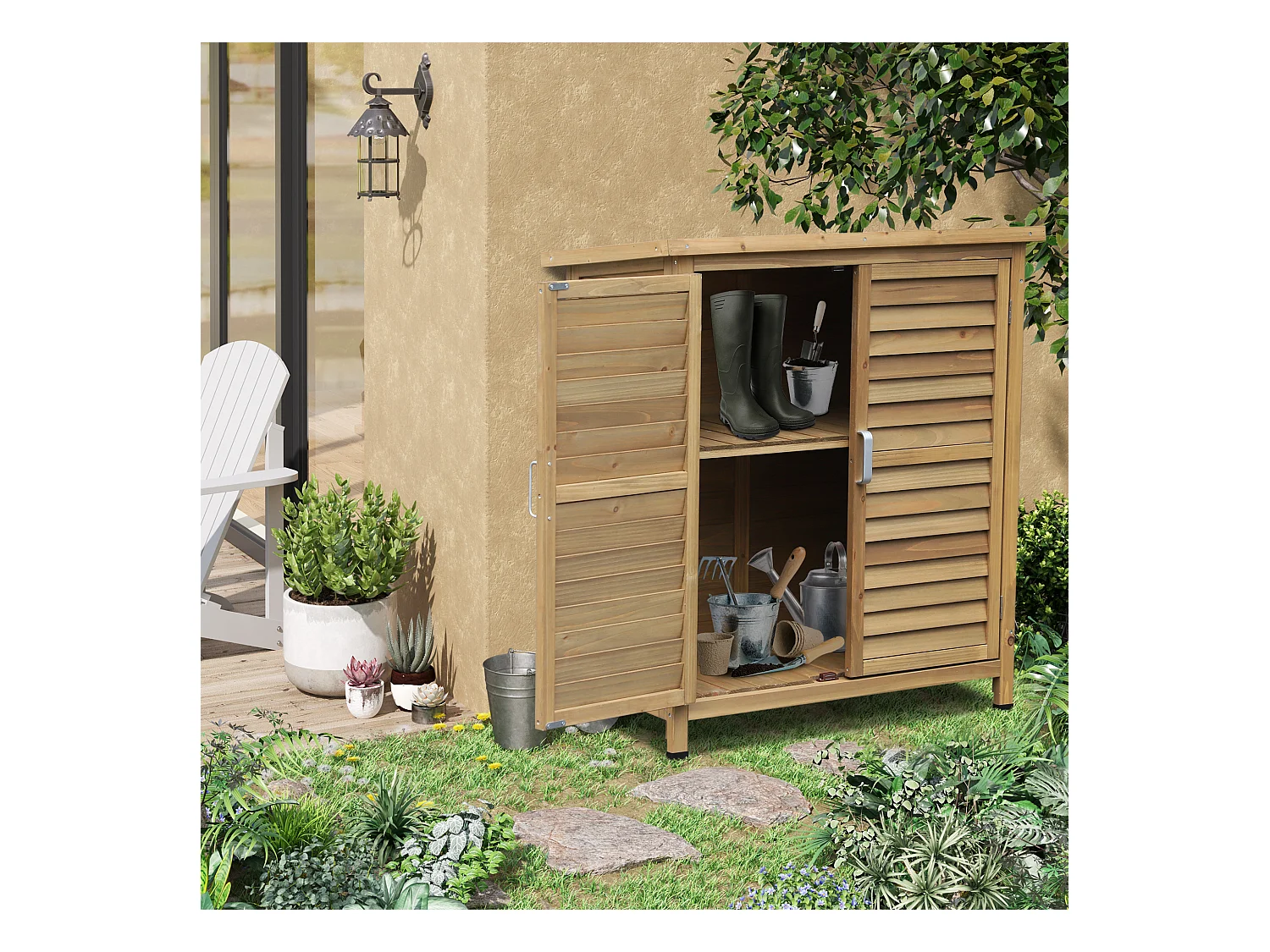 Armoire de jardin abri jardin remise pour outils sur pied dim. 87L x 46l x 96H cm étagère portes persiennes toit bitumé bois sapin autoclave vert