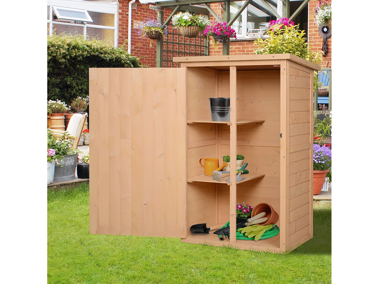 Armoire abri de jardin remise pour outils - grande porte verrouillable loquet - 2 étagères - toit bitumé incliné bois de sapin pré-huilé