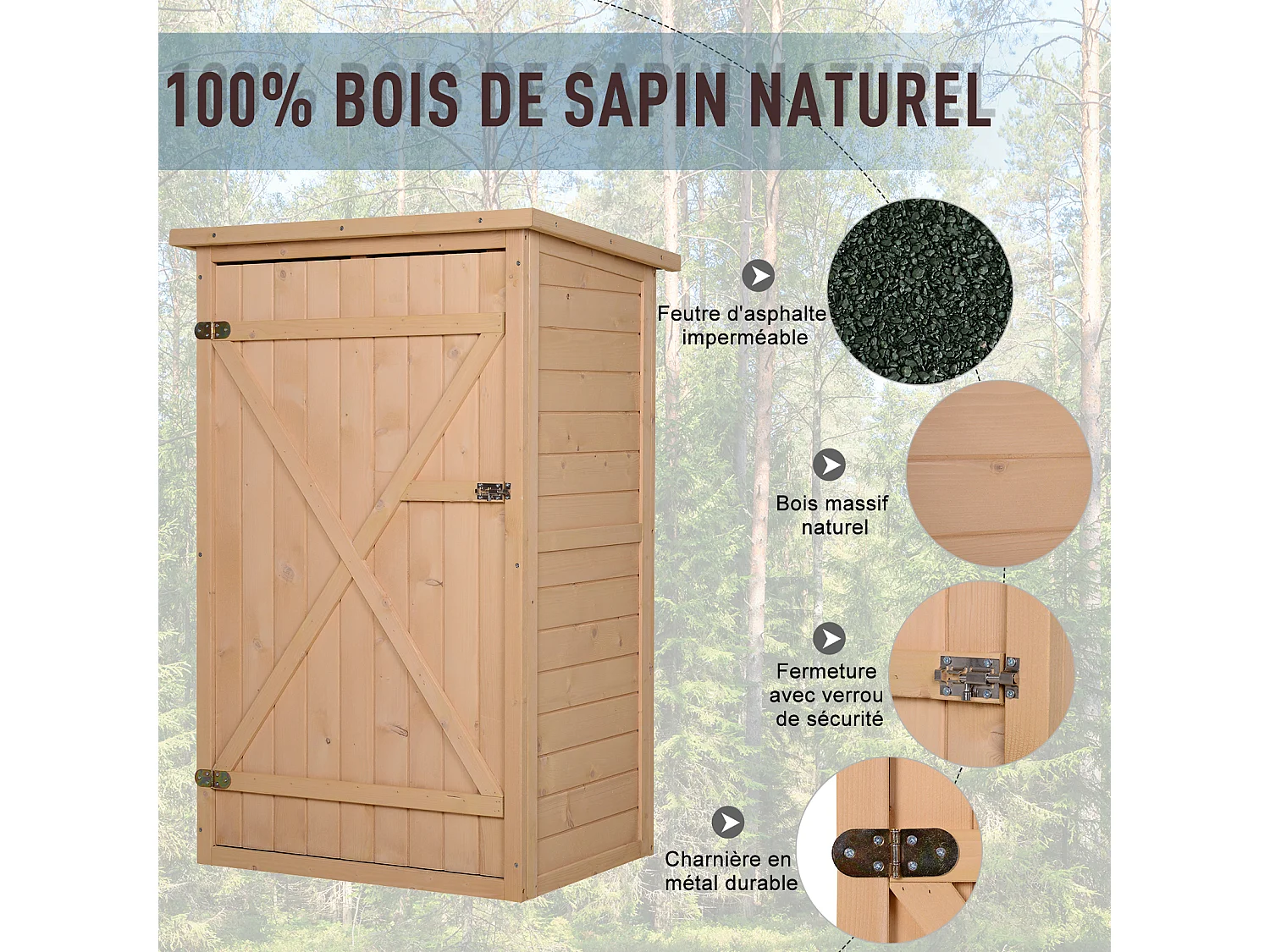 Armoire abri de jardin remise pour outils - grande porte verrouillable loquet - 2 étagères - toit bitumé incliné bois de sapin pré-huilé