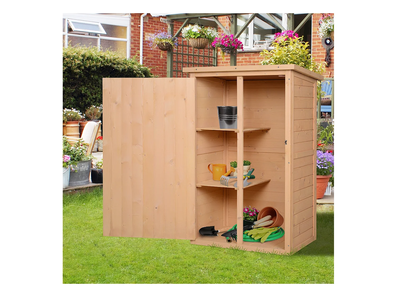Armoire abri de jardin remise pour outils - grande porte verrouillable loquet - 2 étagères - toit bitumé incliné bois de sapin pré-huilé