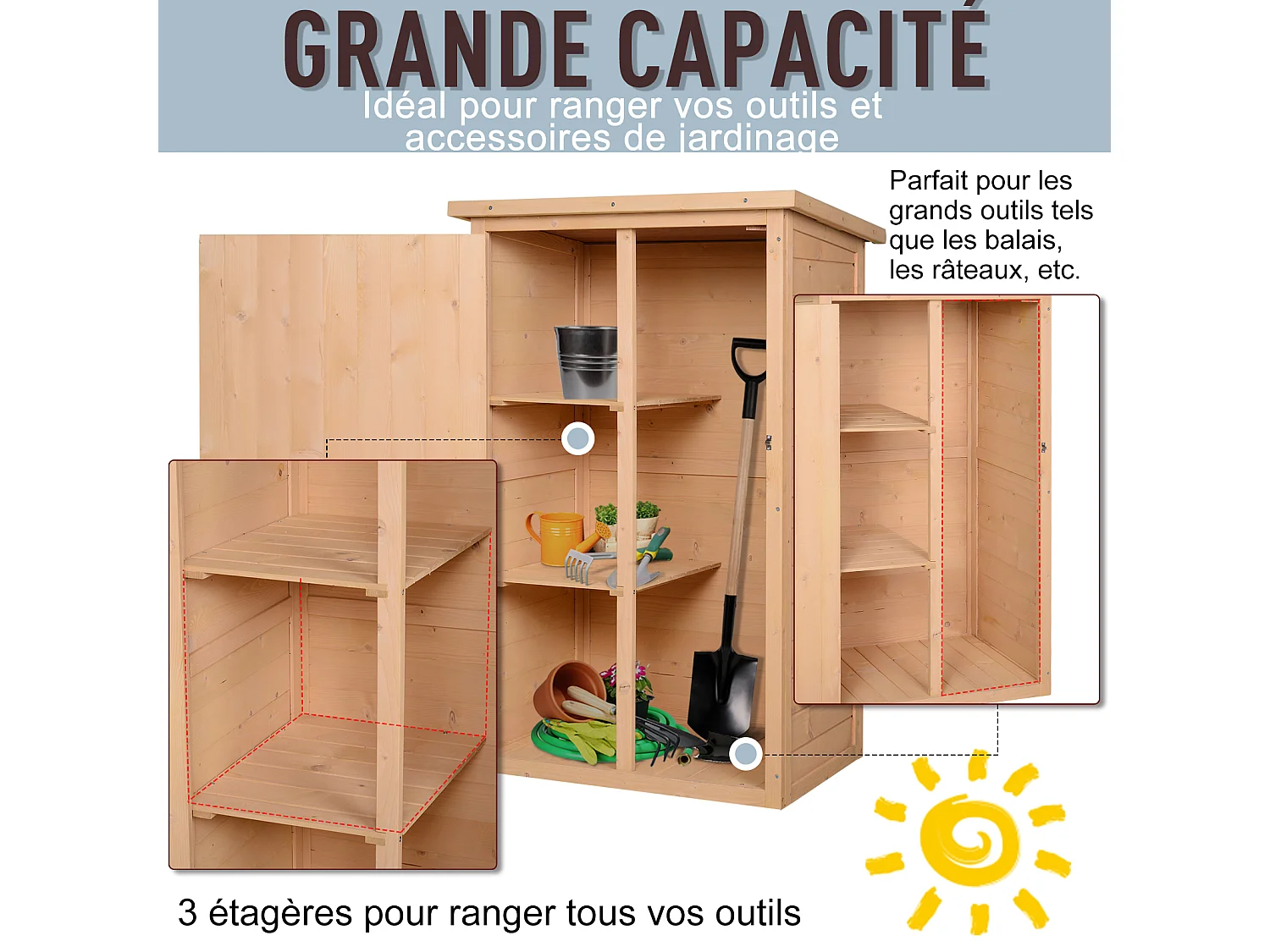Armoire abri de jardin remise pour outils - grande porte verrouillable loquet - 2 étagères - toit bitumé incliné bois de sapin pré-huilé