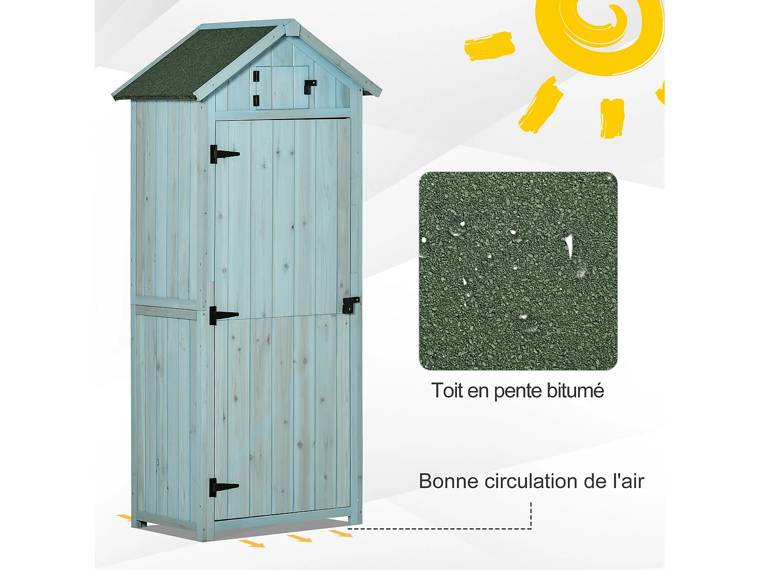 Armoire abri de jardin remise pour outils 3 étagères 2 portes loquets toit pente bitumé 77L x 54l x 179H cm sapin traité bleu