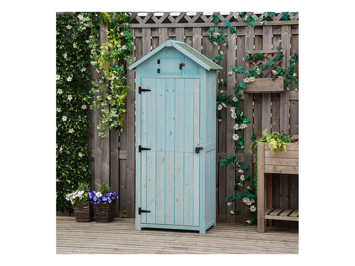 Armoire abri de jardin remise pour outils 3 étagères 2 portes loquets toit pente bitumé 77L x 54l x 179H cm sapin traité bleu
