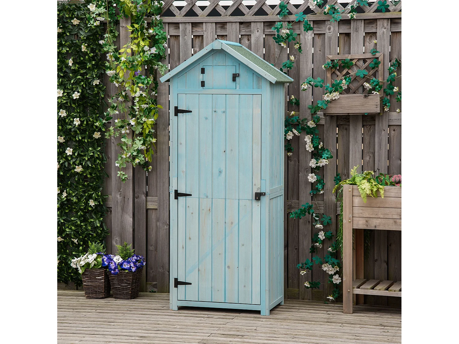 Armoire abri de jardin remise pour outils 3 étagères 2 portes loquets toit pente bitumé 77L x 54l x 179H cm sapin traité bleu