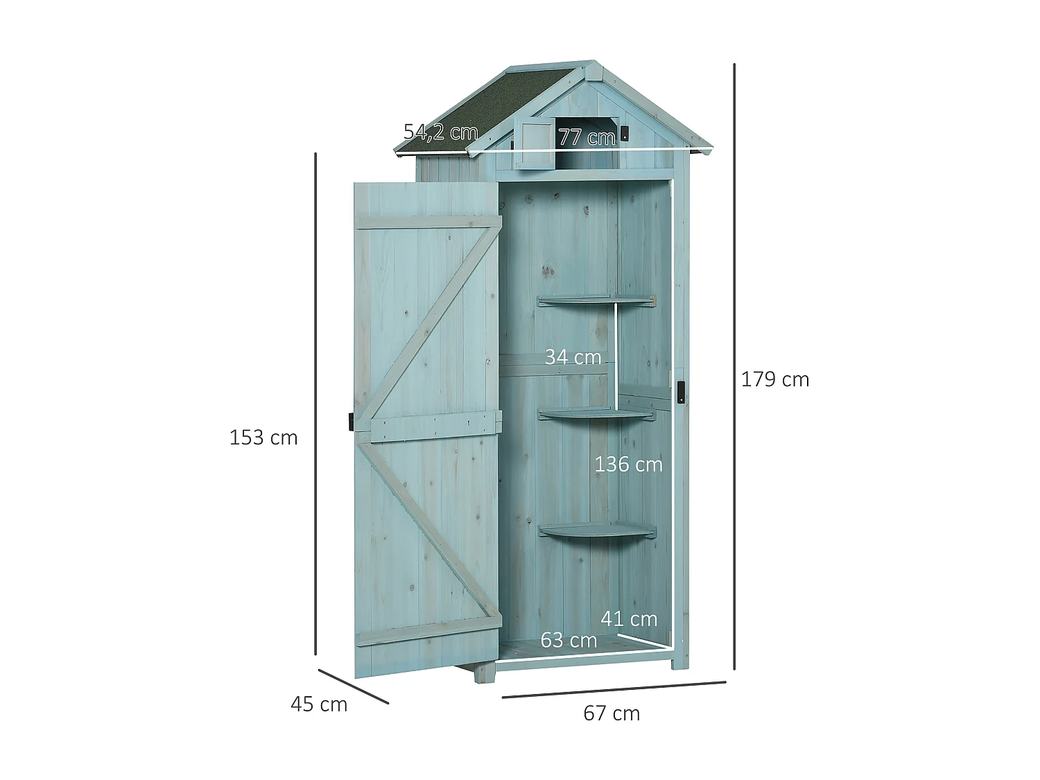 Armoire abri de jardin remise pour outils 3 étagères 2 portes loquets toit pente bitumé 77L x 54l x 179H cm sapin traité bleu