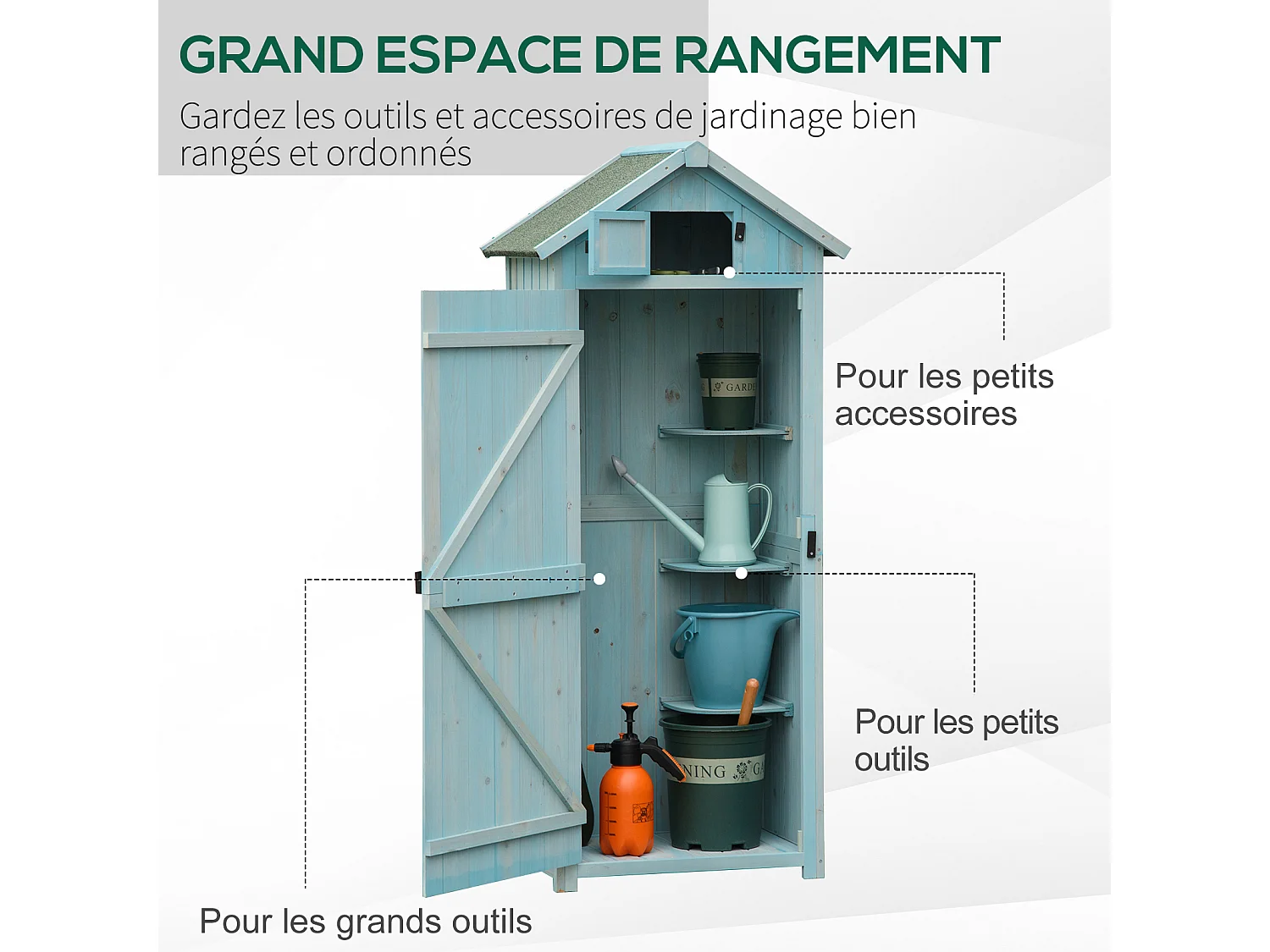 Armoire abri de jardin remise pour outils 3 étagères 2 portes loquets toit pente bitumé 77L x 54l x 179H cm sapin traité bleu