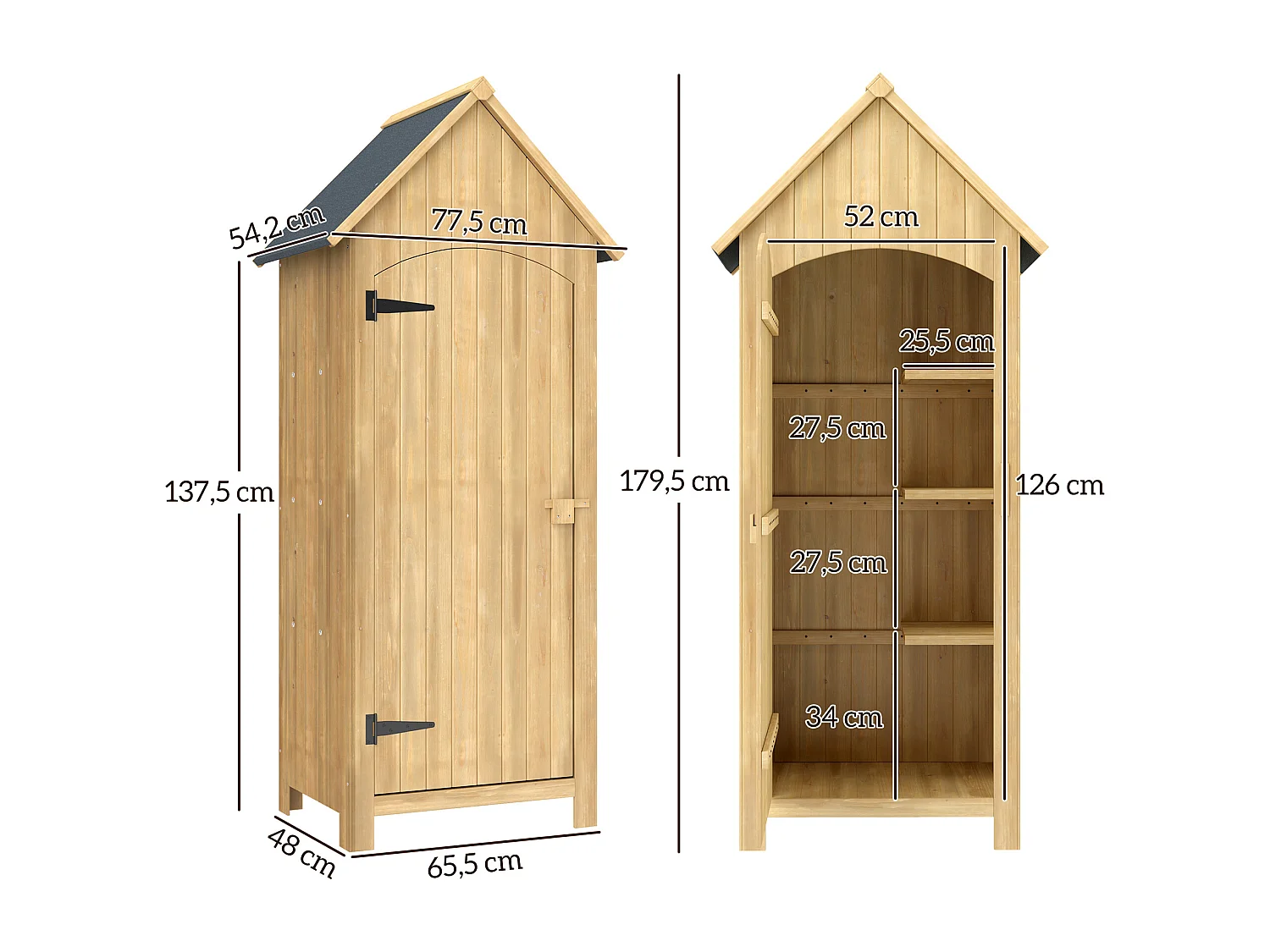 Armoire abri de jardin remise pour outils 3 étagères porte loquet toit pente bitumé dim. 77L x 54l x 179H cm bois sapin pré-huilé