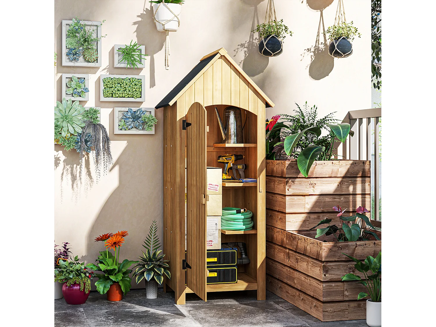 Armoire abri de jardin remise pour outils 3 étagères porte loquet toit pente bitumé dim. 77L x 54l x 179H cm bois sapin pré-huilé