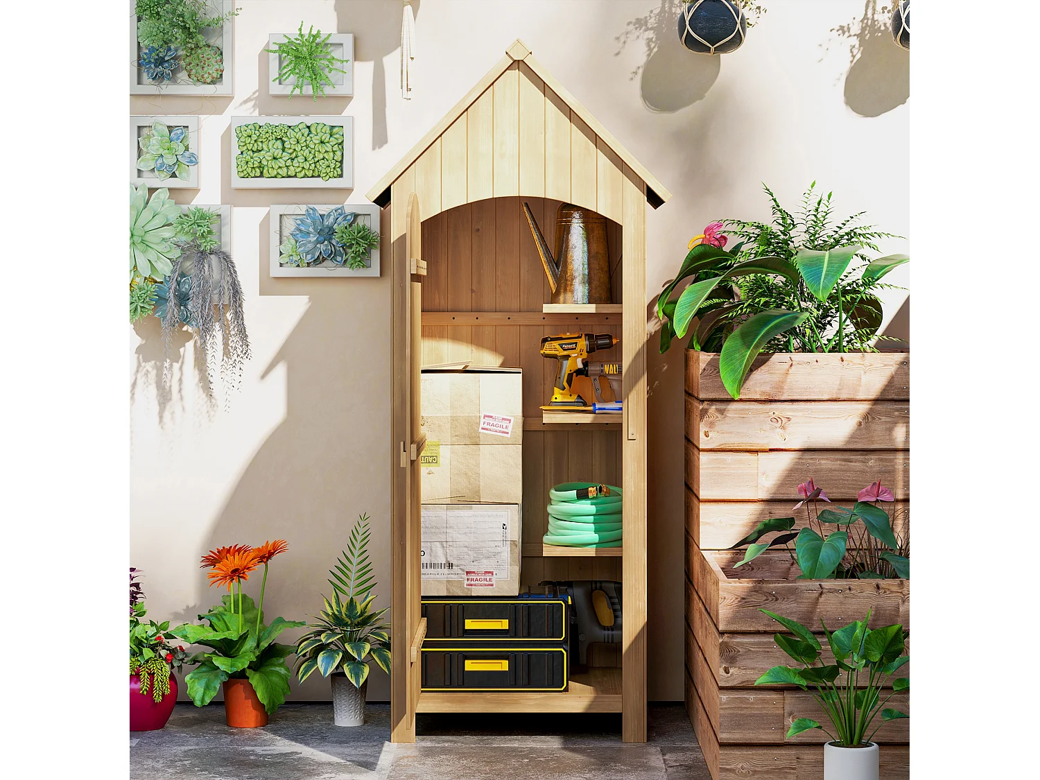 Armoire abri de jardin remise pour outils 3 étagères porte loquet toit pente bitumé dim. 77L x 54l x 179H cm bois sapin pré-huilé