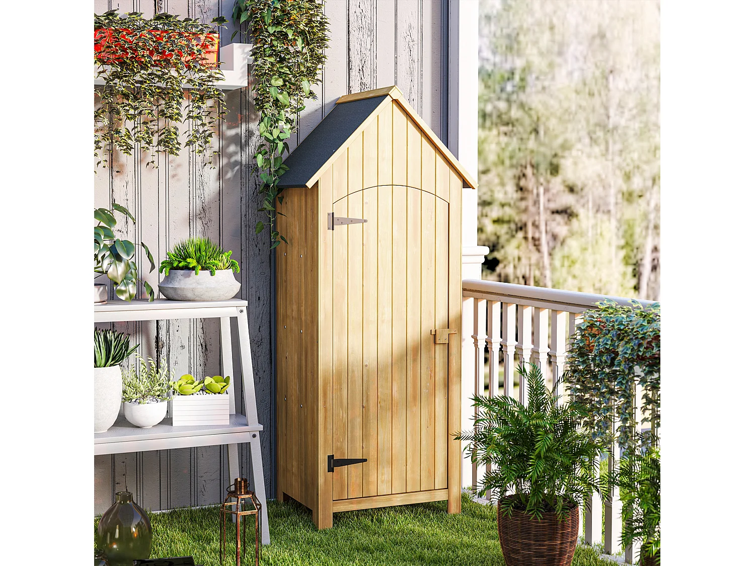 Armoire abri de jardin remise pour outils 3 étagères porte loquet toit pente bitumé dim. 77L x 54l x 179H cm bois sapin pré-huilé