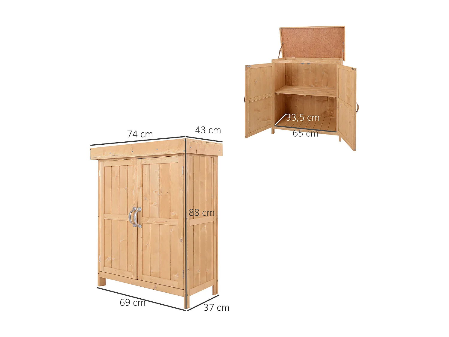 Armoire de jardin sur pied double porte étagère et toit bitumé relevable dim. 74L x 43l x 88H cm bois sapin