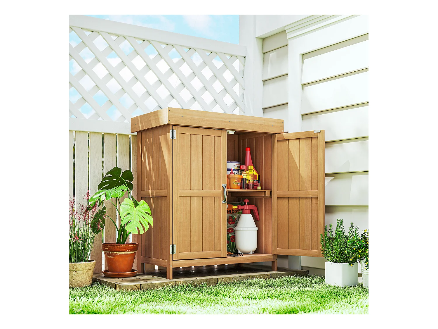 Armoire de jardin sur pied double porte étagère et toit bitumé relevable dim. 74L x 43l x 88H cm bois sapin