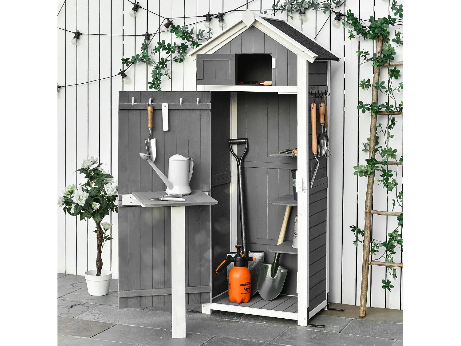 Armoire abri de jardin remise pour outils 4 étagères 9 crochets 2 porte loquets toit pente bitumé sapin gris blanc