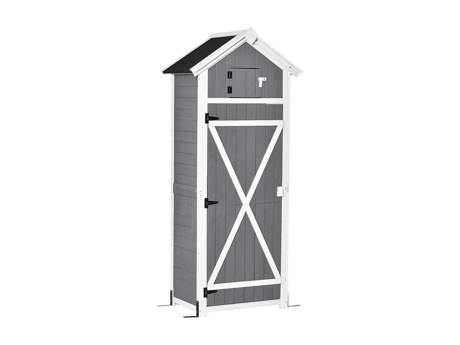 Armoire abri de jardin remise pour outils 4 étagères 9 crochets 2 porte loquets toit pente bitumé sapin gris blanc