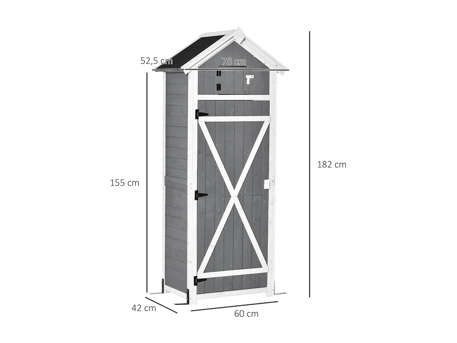 Armoire abri de jardin remise pour outils 4 étagères 9 crochets 2 porte loquets toit pente bitumé sapin gris blanc