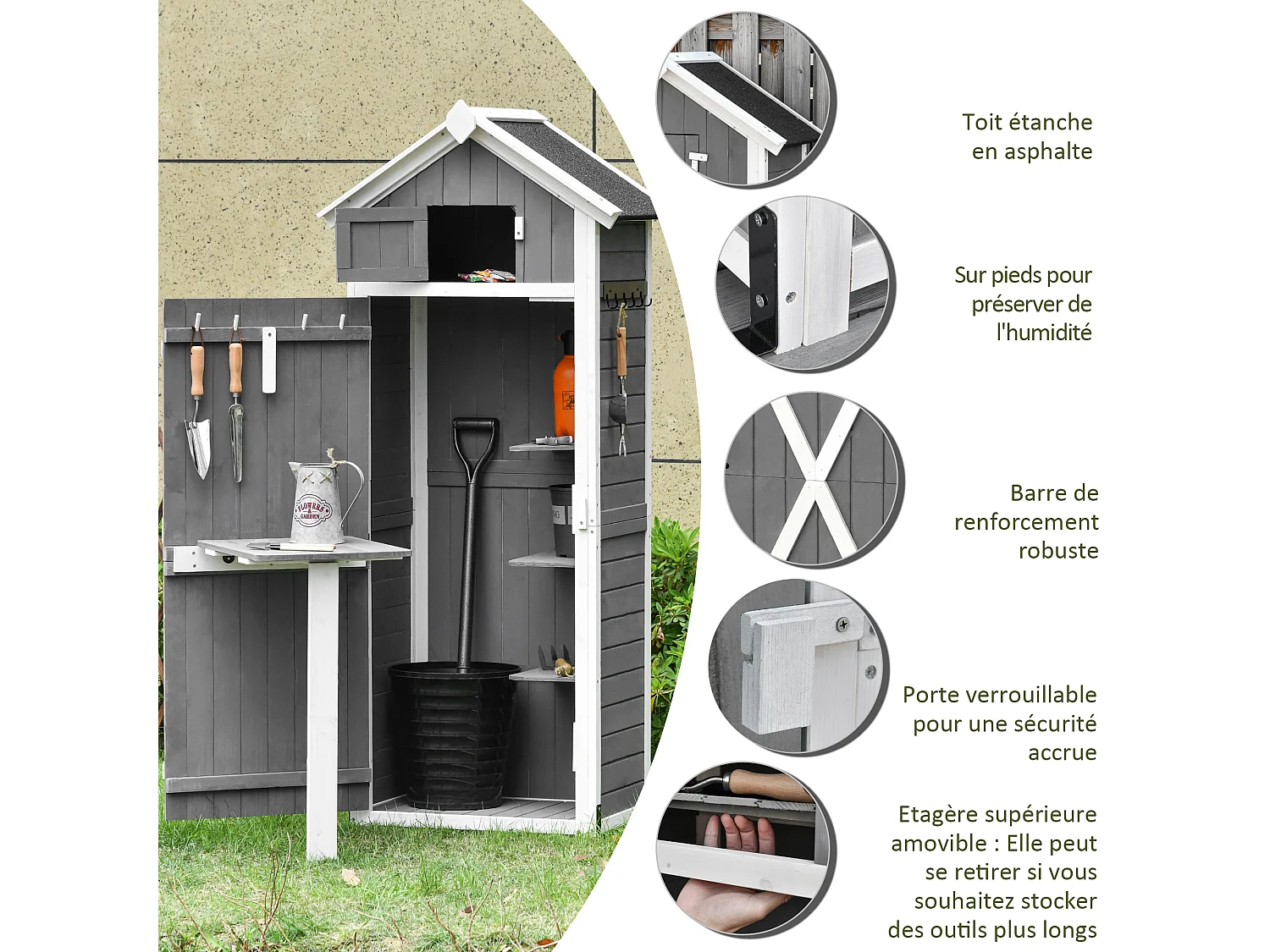 Armoire abri de jardin remise pour outils 4 étagères 9 crochets 2 porte loquets toit pente bitumé sapin gris blanc
