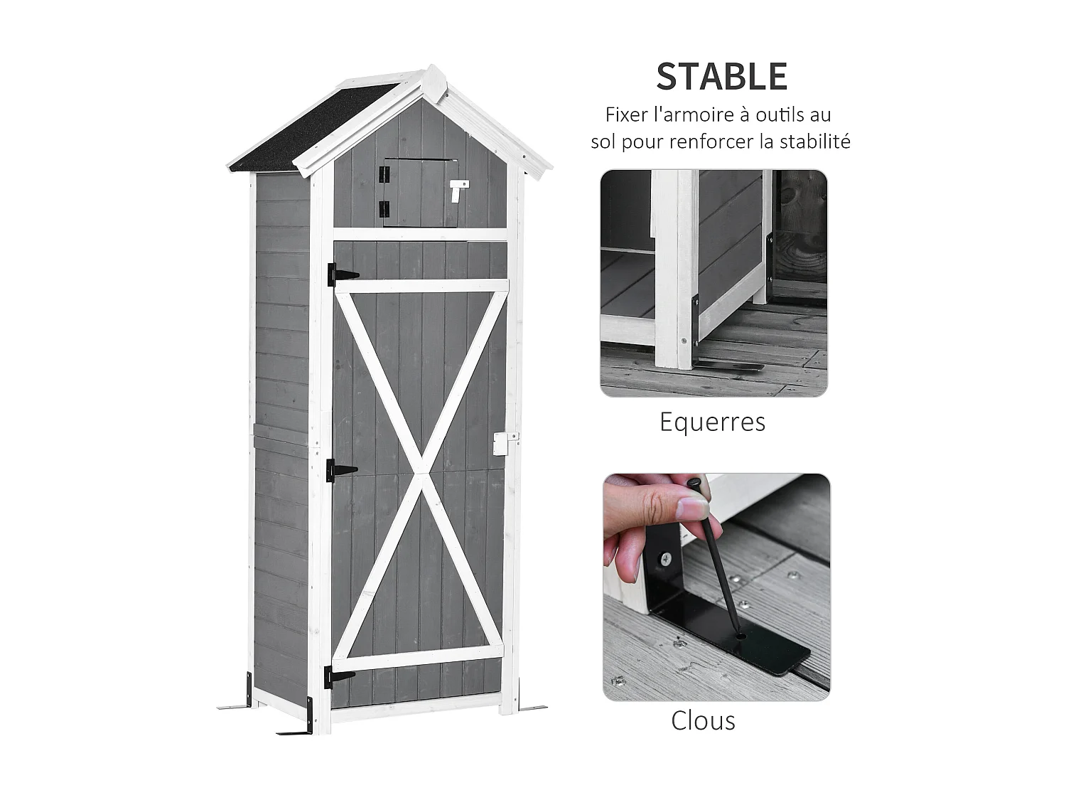 Armoire abri de jardin remise pour outils 4 étagères 9 crochets 2 porte loquets toit pente bitumé sapin gris blanc
