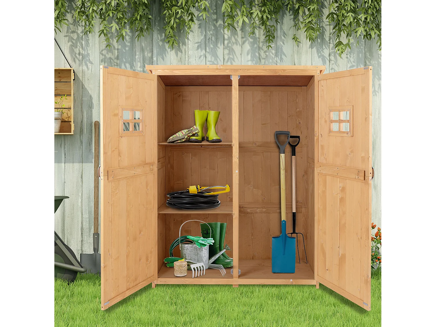 Abri de jardin armoire de jardin remie pour outil ur pied dim. 128L x 50l x 164H cm 2 étagère 2 porte 2 fenêtre toit bitumé étanche boi maif apin pré-huilé