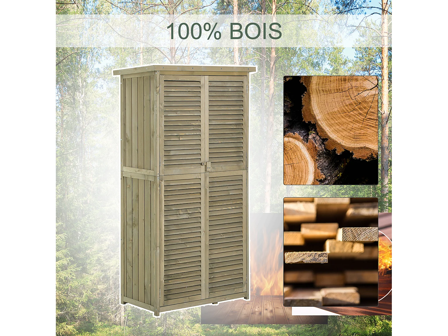 Armoire de jardin abri jardin remise pour outils sur pied dim. 79L x 42l x 160H cm 2 étagères portes persiennes toit bitumé étanche bois pin autoclave gris