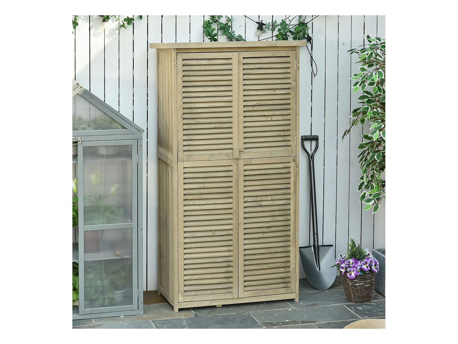 Armoire de jardin abri jardin remise pour outils sur pied dim. 79L x 42l x 160H cm 2 étagères portes persiennes toit bitumé étanche bois pin autoclave gris