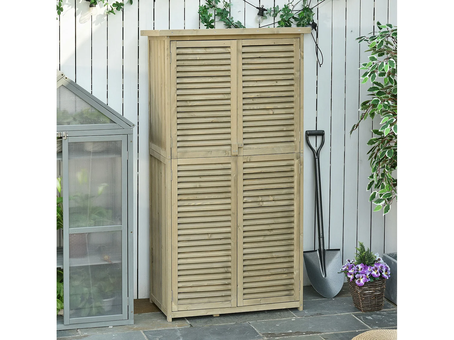 Armoire de jardin abri jardin remise pour outils sur pied dim. 79L x 42l x 160H cm 2 étagères portes persiennes toit bitumé étanche bois pin autoclave gris