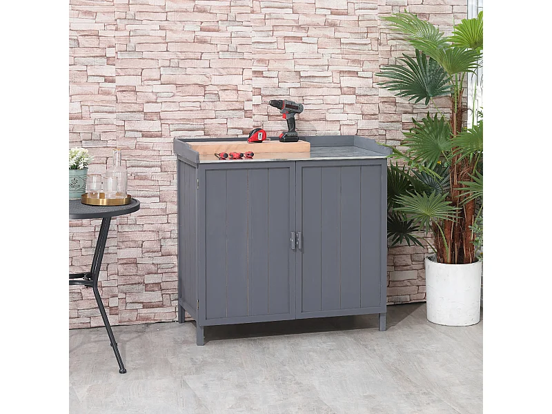Armoire de rangement de jardin sur pied, table de rempotage 2 en 1 double porte, étagère, plateau métal galvanisé - bois sapin gris