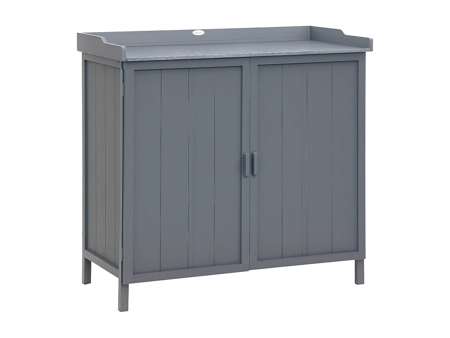 Armoire de rangement de jardin sur pied, table de rempotage 2 en 1 double porte, étagère, plateau métal galvanisé - bois sapin gris