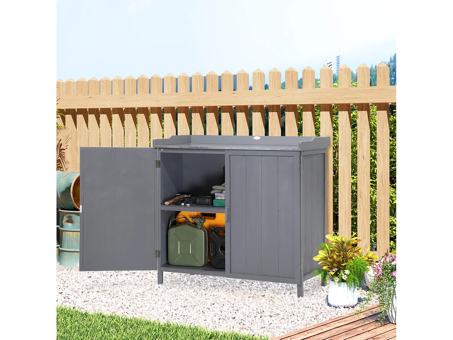 Armoire de rangement de jardin sur pied, table de rempotage 2 en 1 double porte, étagère, plateau métal galvanisé - bois sapin gris
