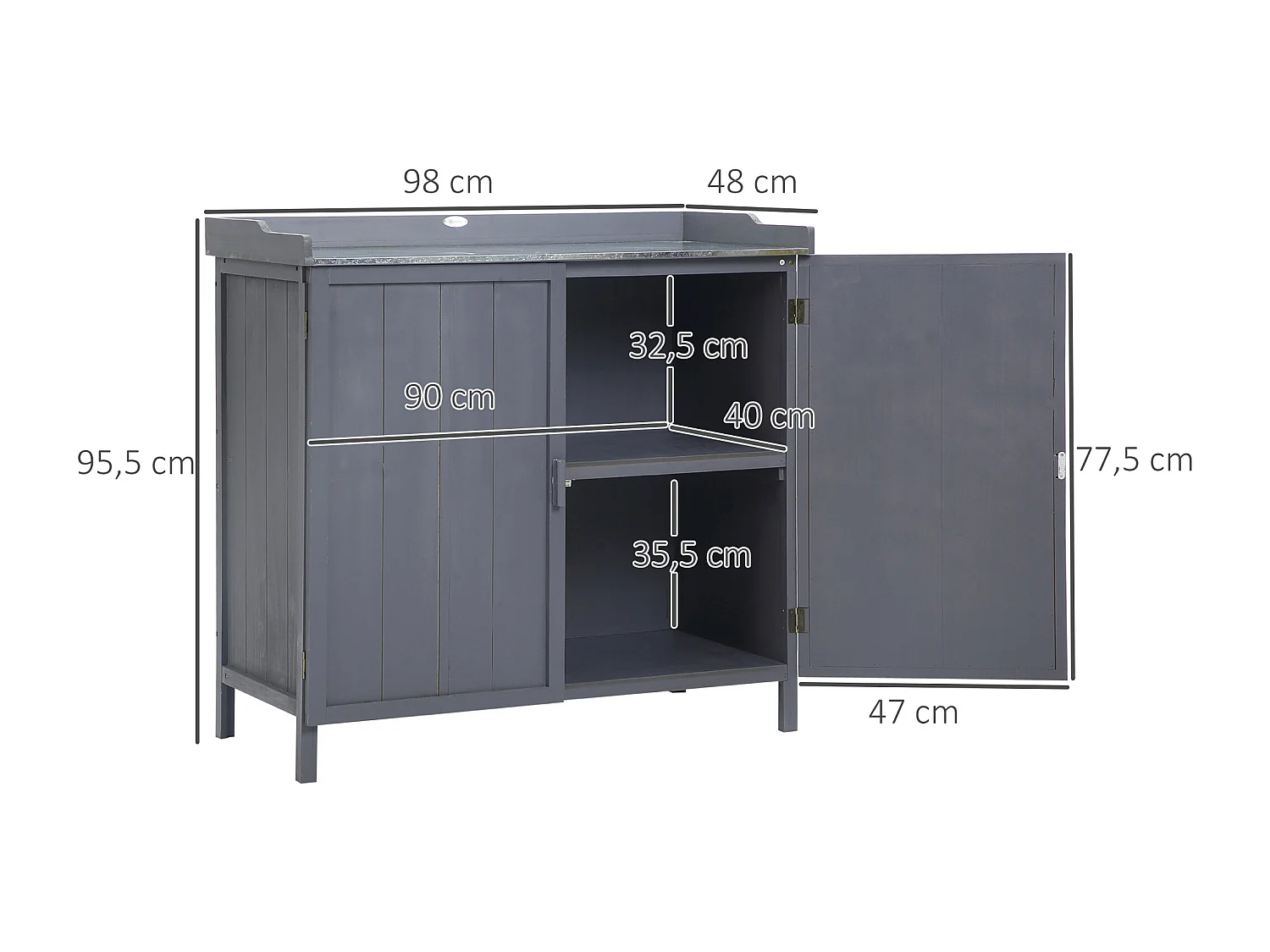 Armoire de rangement de jardin sur pied, table de rempotage 2 en 1 double porte, étagère, plateau métal galvanisé - bois sapin gris