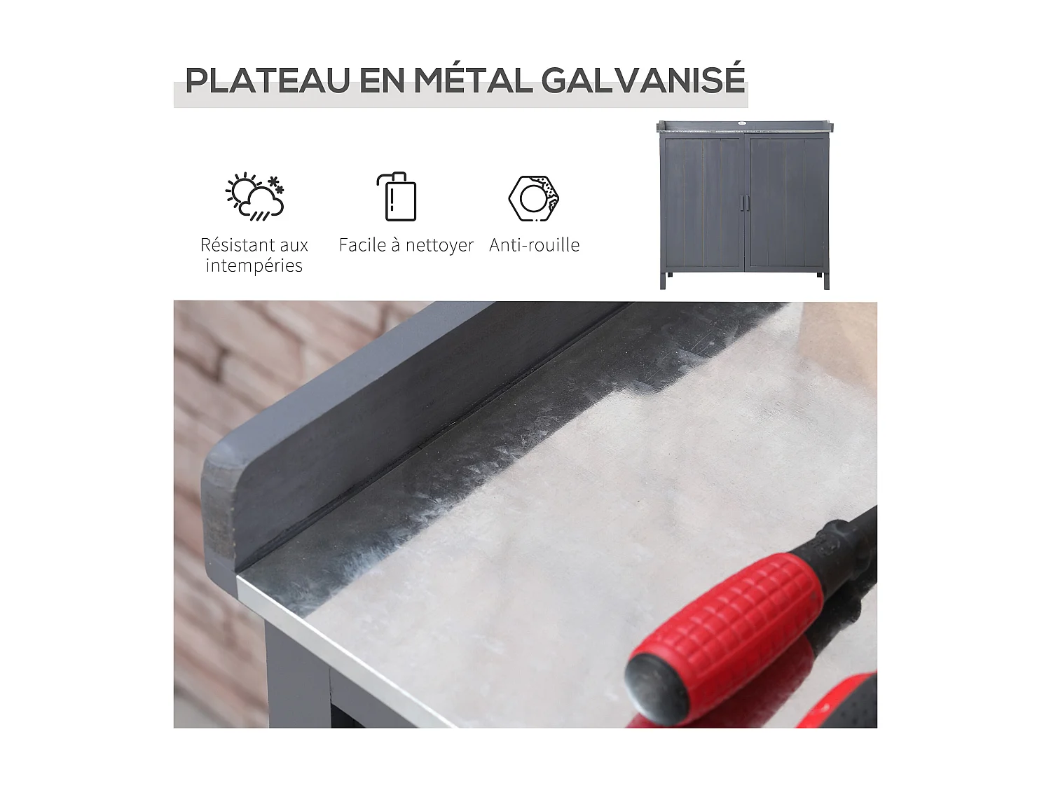 Armoire de rangement de jardin sur pied, table de rempotage 2 en 1 double porte, étagère, plateau métal galvanisé - bois sapin gris
