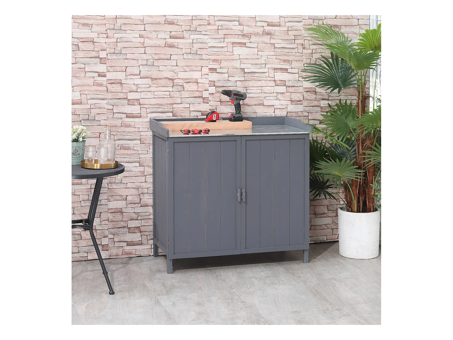 Armoire de rangement de jardin sur pied, table de rempotage 2 en 1 double porte, étagère, plateau métal galvanisé - bois sapin gris